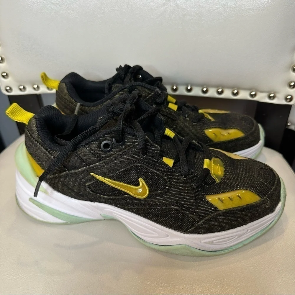 Nike Womens M2K Tekno Black Twill Denim Size 7 BV0970 001 Yellow Mint Colorway